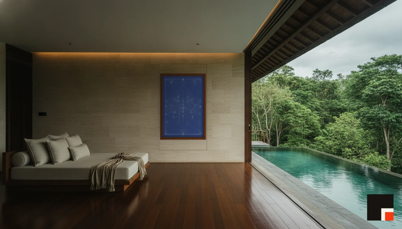 A Lumen & Logic artwork hanging in a Balinese hotel interior — Open-air pavilion · Ubud