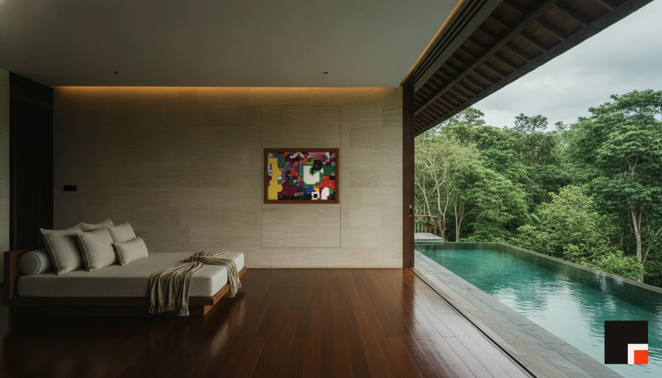 A Lumen & Logic artwork hanging in a Balinese hotel interior — Open-air pavilion · Ubud