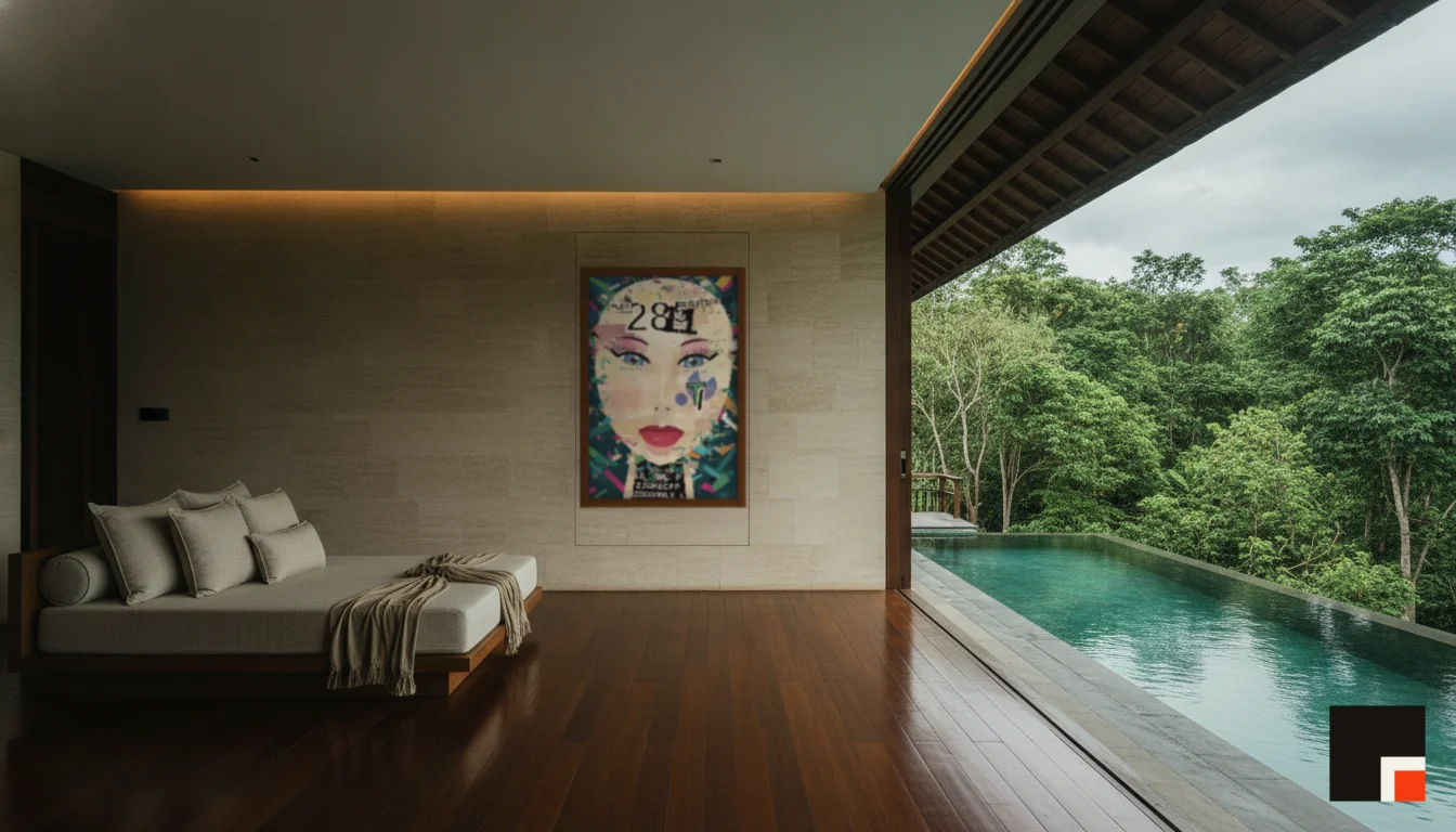 A Lumen & Logic artwork hanging in a Balinese hotel interior — Open-air pavilion · Ubud