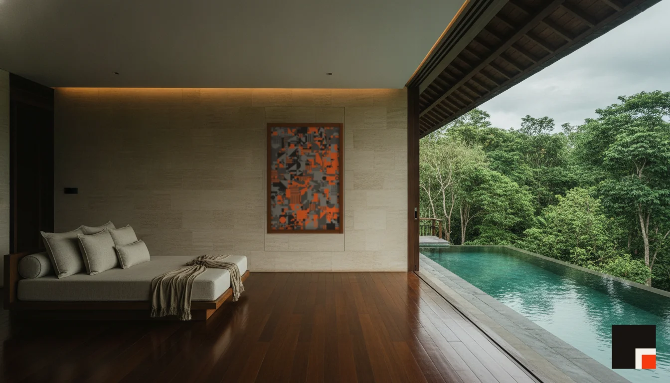 A Lumen & Logic artwork hanging in a Balinese hotel interior — Open-air pavilion · Ubud