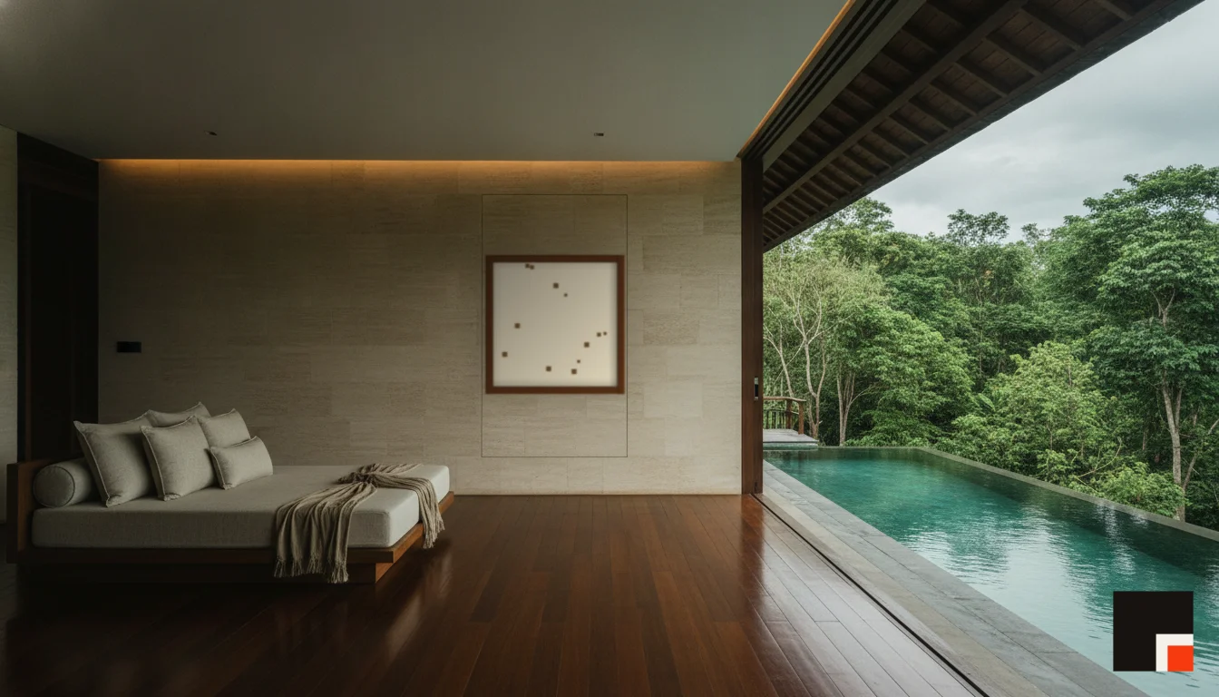 A Lumen & Logic artwork hanging in a Balinese hotel interior — Open-air pavilion · Ubud