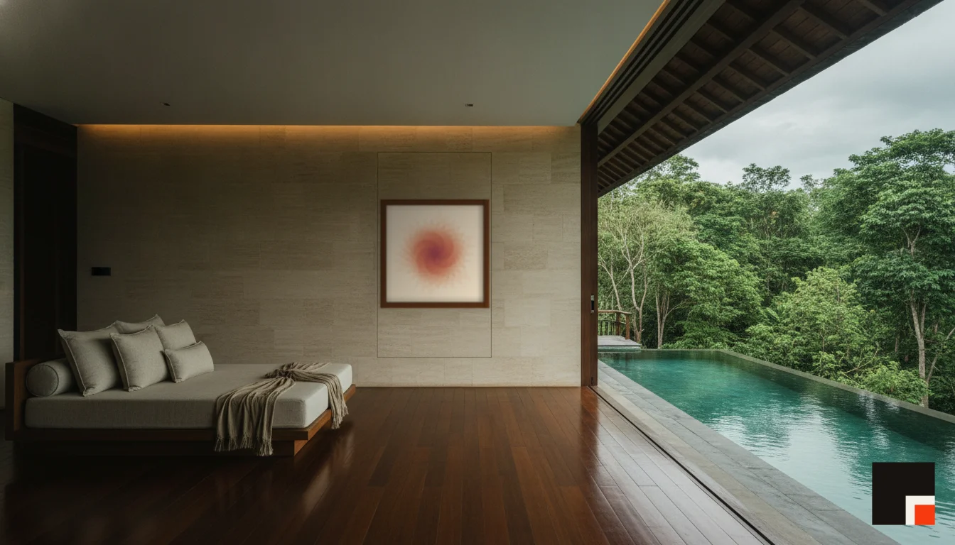 A Lumen & Logic artwork hanging in a Balinese hotel interior — Open-air pavilion · Ubud