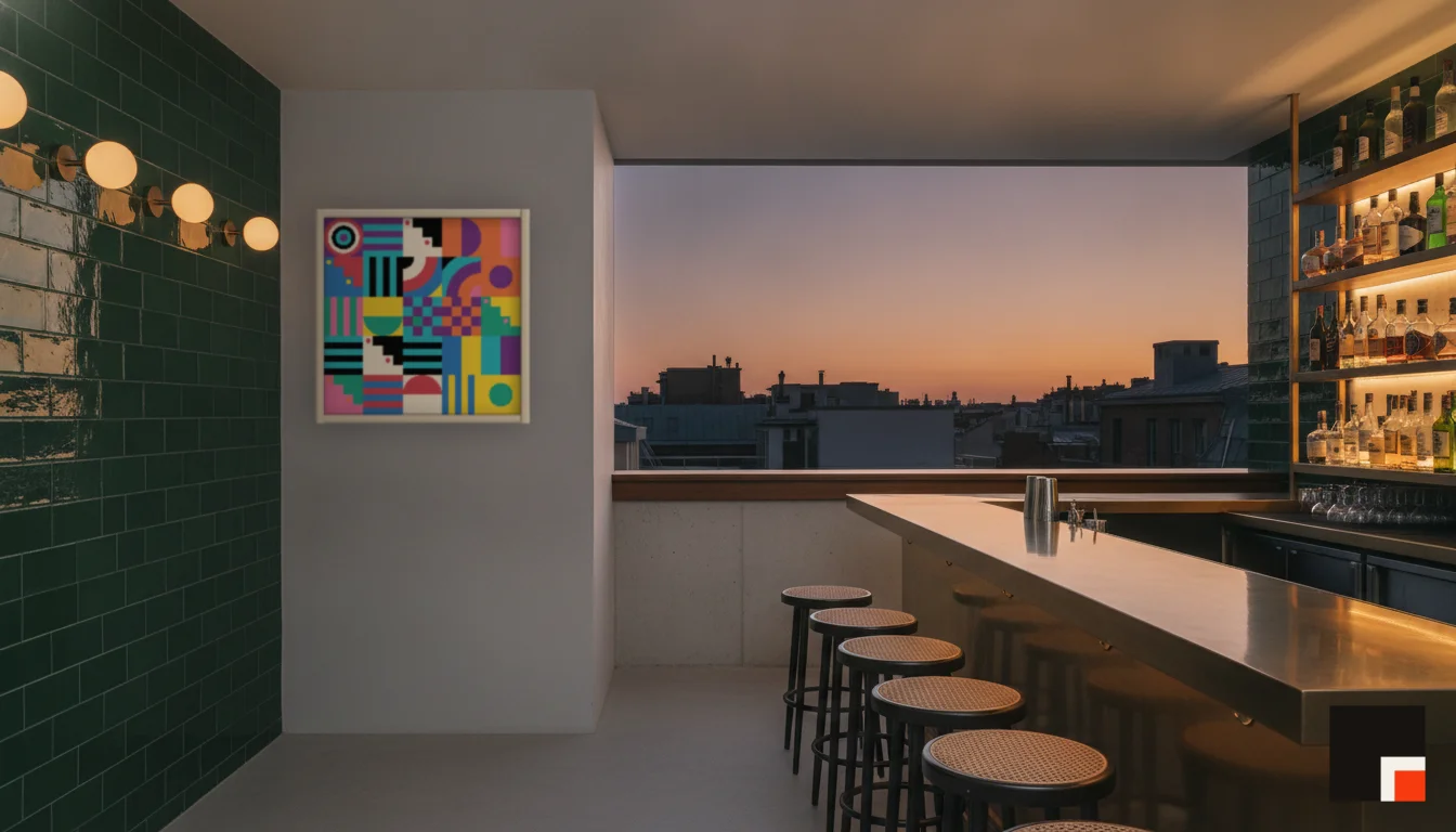 A Lumen & Logic artwork hanging in a Bar hotel interior — Rooftop bar · Lisbon