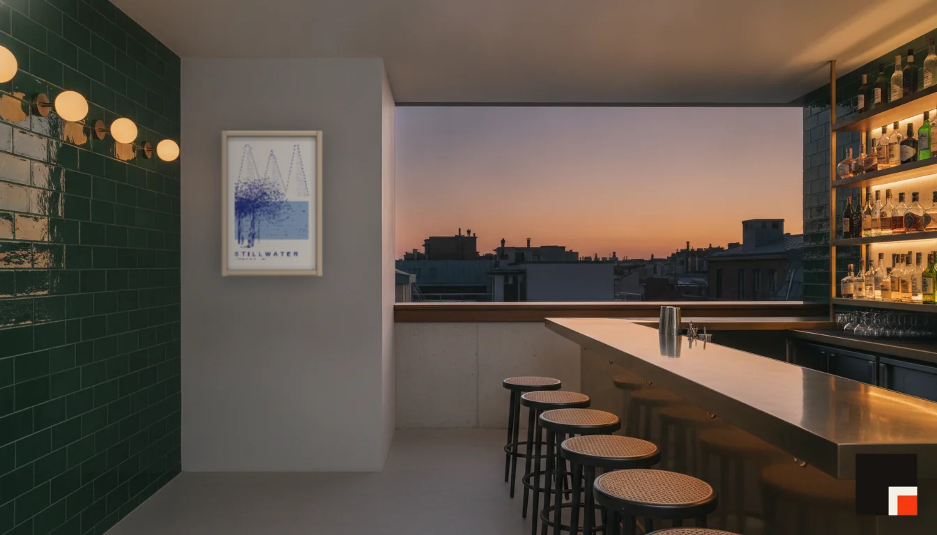 A Lumen & Logic artwork hanging in a Bar hotel interior — Rooftop bar · Lisbon