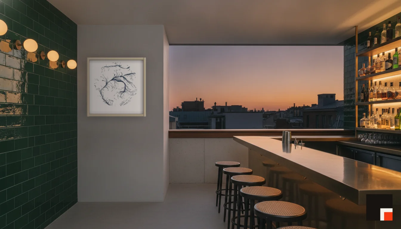 A Lumen & Logic artwork hanging in a Bar hotel interior — Rooftop bar · Lisbon