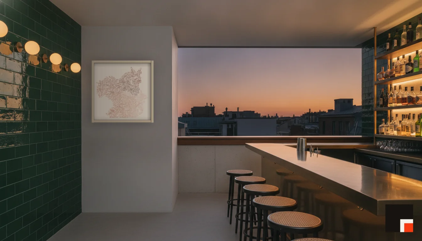 A Lumen & Logic artwork hanging in a Bar hotel interior — Rooftop bar · Lisbon
