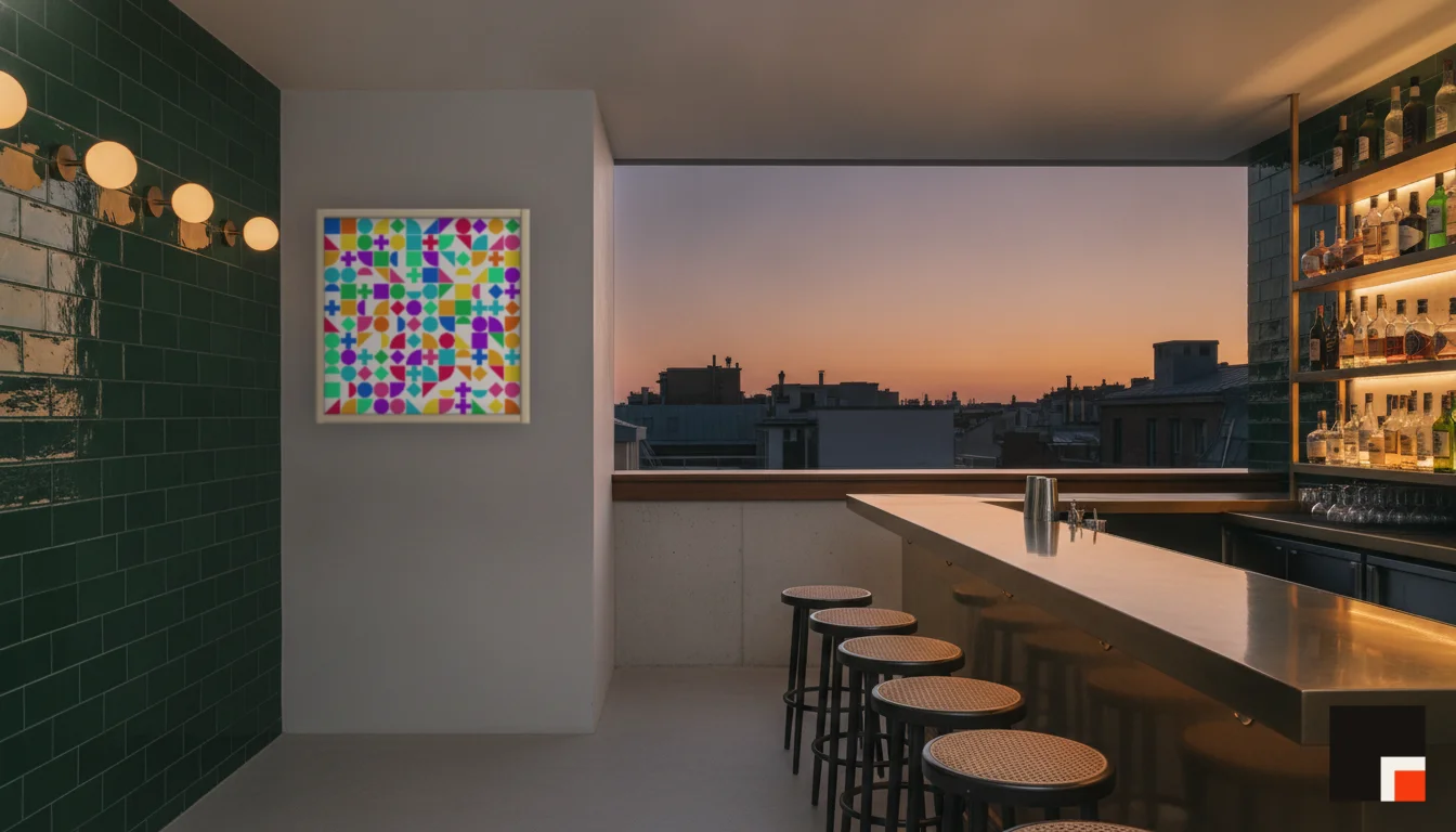 A Lumen & Logic artwork hanging in a Bar hotel interior — Rooftop bar · Lisbon