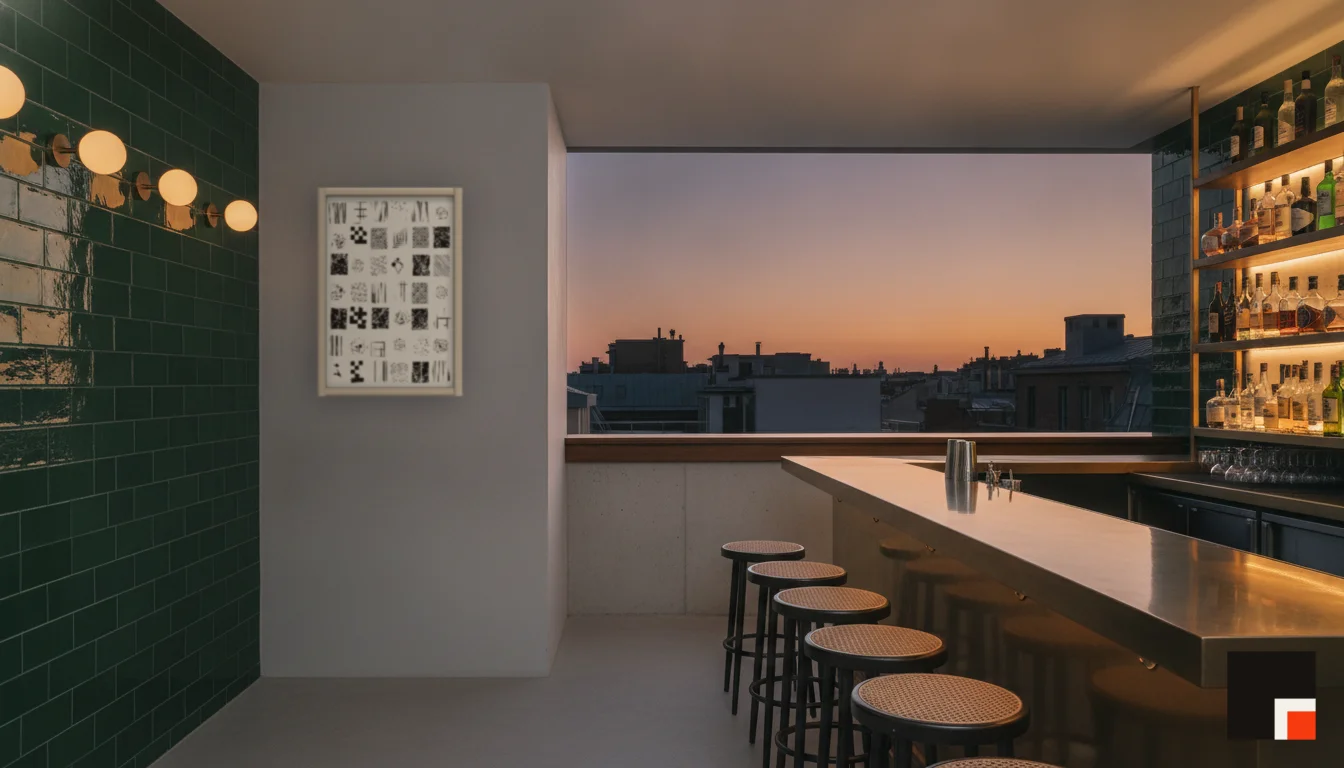 A Lumen & Logic artwork hanging in a Bar hotel interior — Rooftop bar · Lisbon