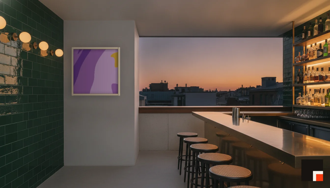 A Lumen & Logic artwork hanging in a Bar hotel interior — Rooftop bar · Lisbon