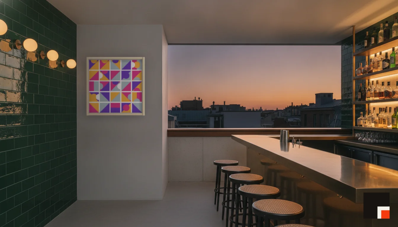 A Lumen & Logic artwork hanging in a Bar hotel interior — Rooftop bar · Lisbon