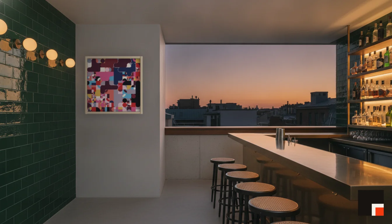 A Lumen & Logic artwork hanging in a Bar hotel interior — Rooftop bar · Lisbon