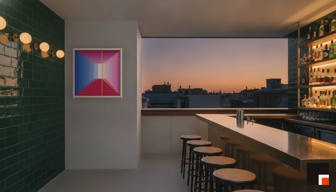 A Lumen & Logic artwork hanging in a Bar hotel interior — Rooftop bar · Lisbon