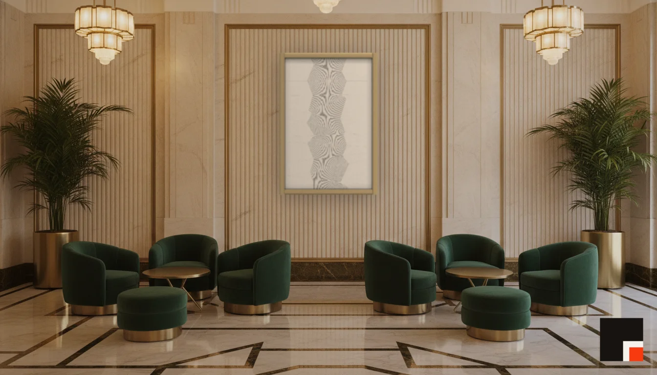 A Lumen & Logic artwork hanging in a Art Deco hotel interior — Lobby lounge · Vienna