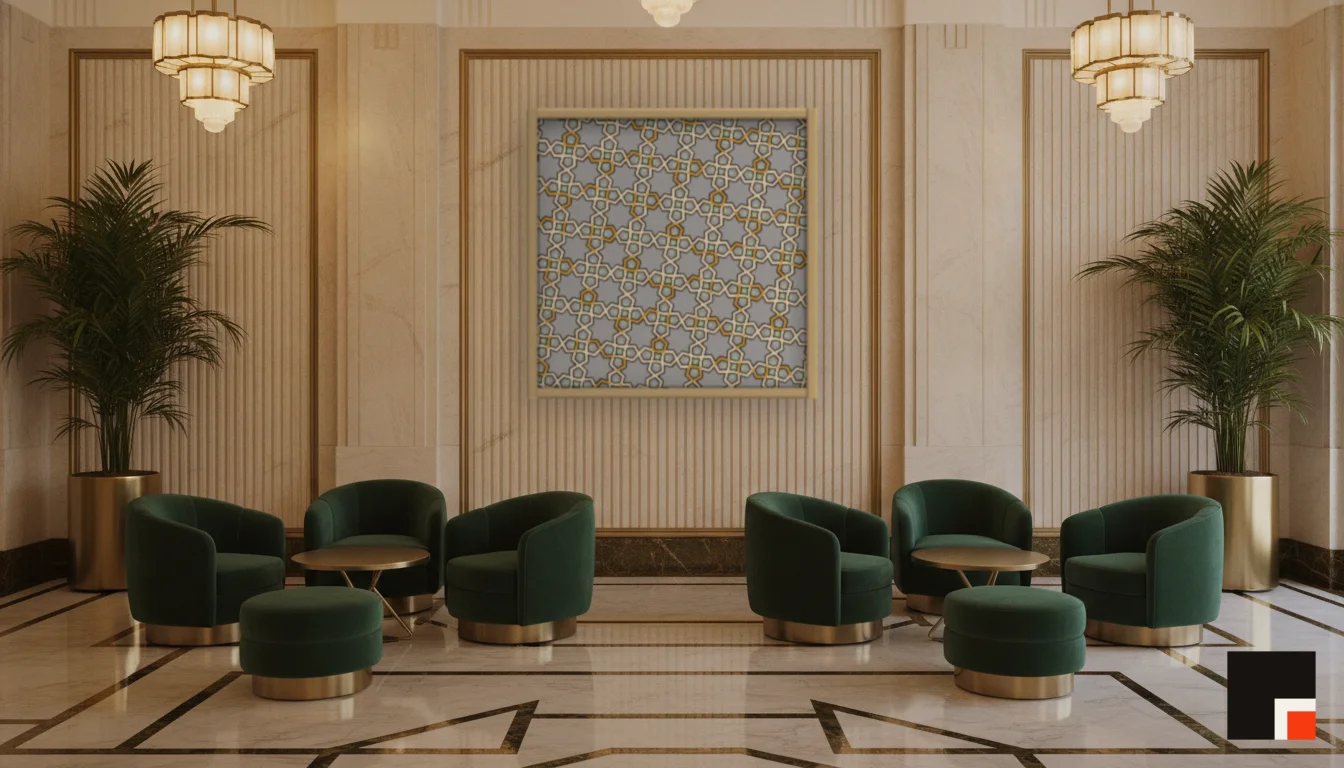 A Lumen & Logic artwork hanging in a Art Deco hotel interior — Lobby lounge · Vienna
