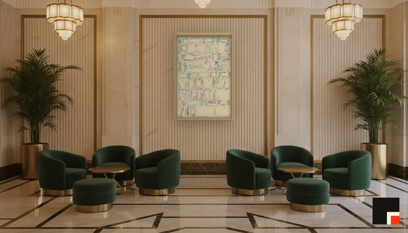 A Lumen & Logic artwork hanging in a Art Deco hotel interior — Lobby lounge · Vienna