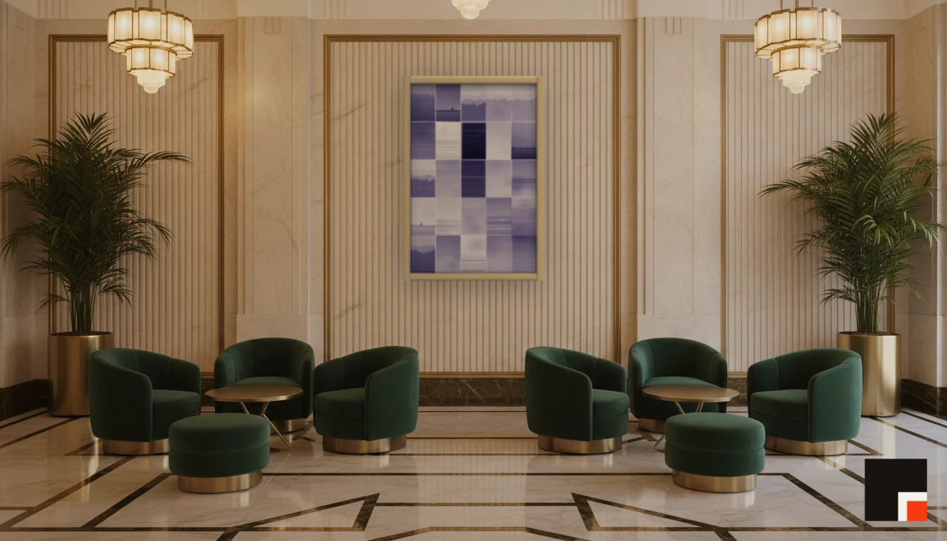 A Lumen & Logic artwork hanging in a Art Deco hotel interior — Lobby lounge · Vienna