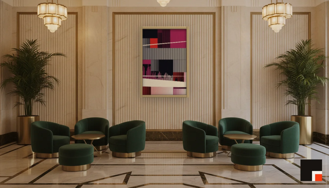 A Lumen & Logic artwork hanging in a Art Deco hotel interior — Lobby lounge · Vienna