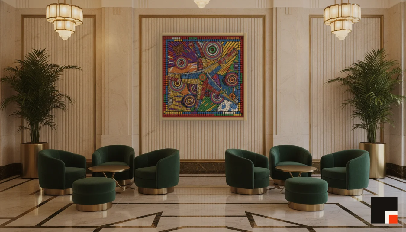 A Lumen & Logic artwork hanging in a Art Deco hotel interior — Lobby lounge · Vienna