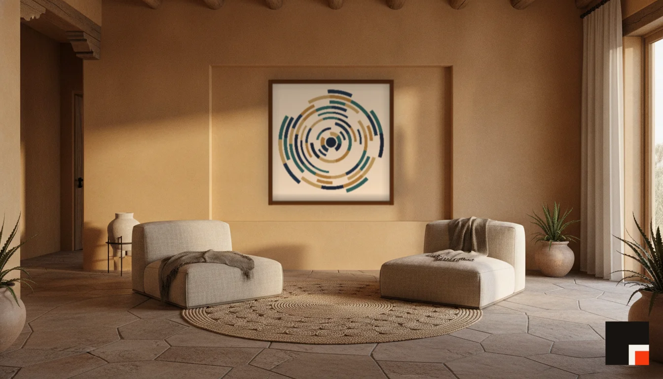 A Lumen & Logic artwork hanging in a Desert hotel interior — Desert retreat · Moab