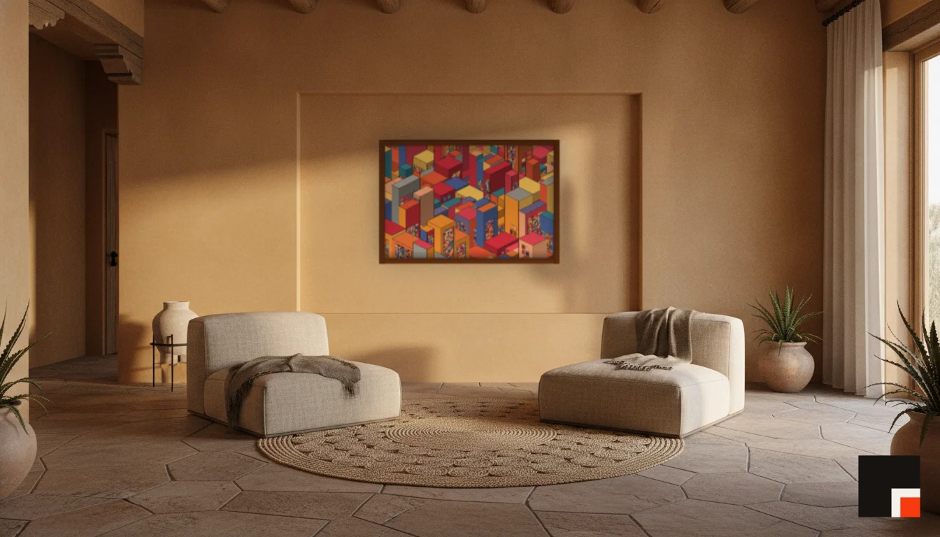 A Lumen & Logic artwork hanging in a Desert hotel interior — Desert retreat · Moab