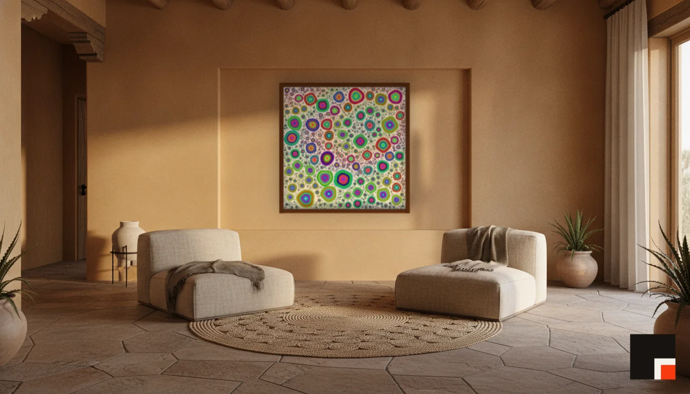 A Lumen & Logic artwork hanging in a Desert hotel interior — Desert retreat · Moab