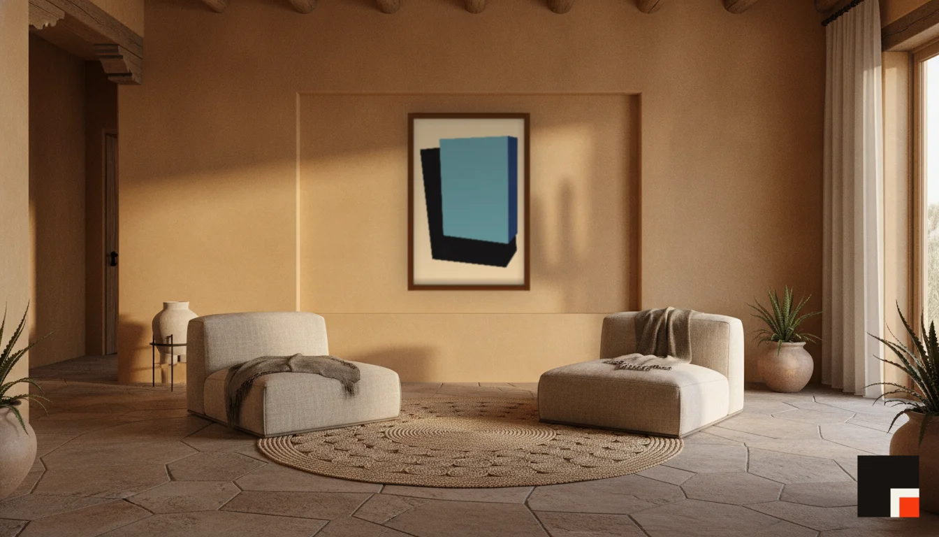 A Lumen & Logic artwork hanging in a Desert hotel interior — Desert retreat · Moab
