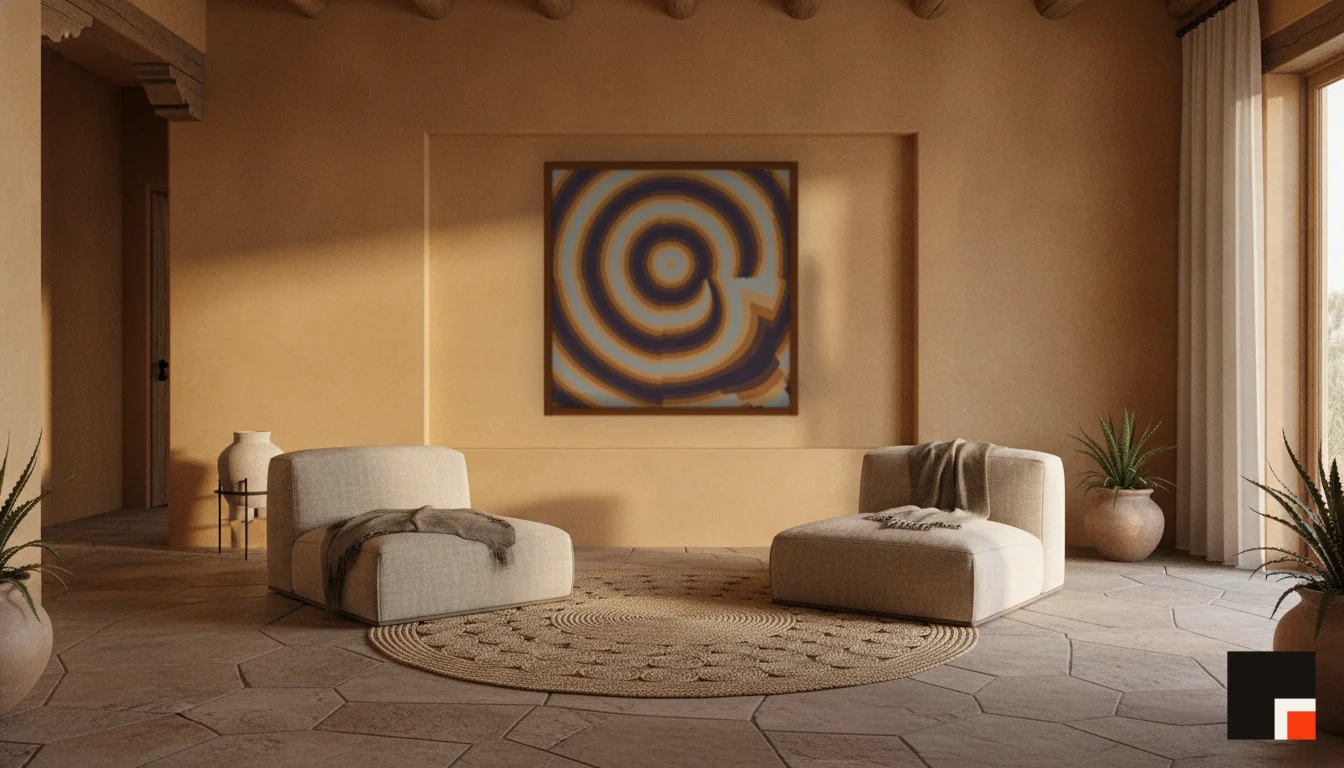 A Lumen & Logic artwork hanging in a Desert hotel interior — Desert retreat · Moab