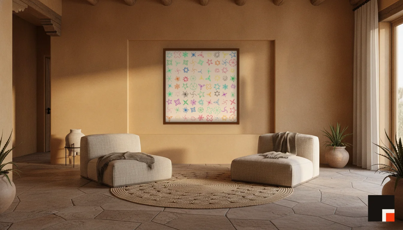 A Lumen & Logic artwork hanging in a Desert hotel interior — Desert retreat · Moab