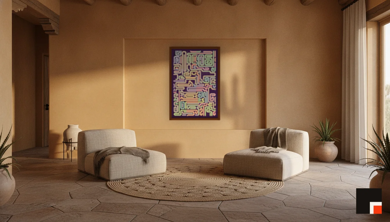 A Lumen & Logic artwork hanging in a Desert hotel interior — Desert retreat · Moab