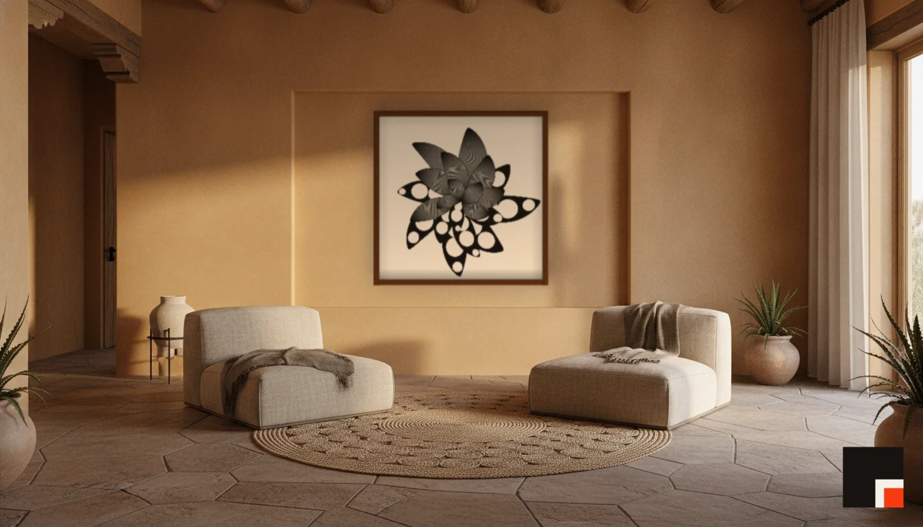A Lumen & Logic artwork hanging in a Desert hotel interior — Desert retreat · Moab