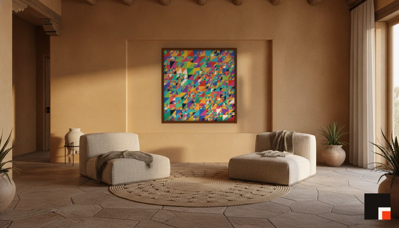 A Lumen & Logic artwork hanging in a Desert hotel interior — Desert retreat · Moab