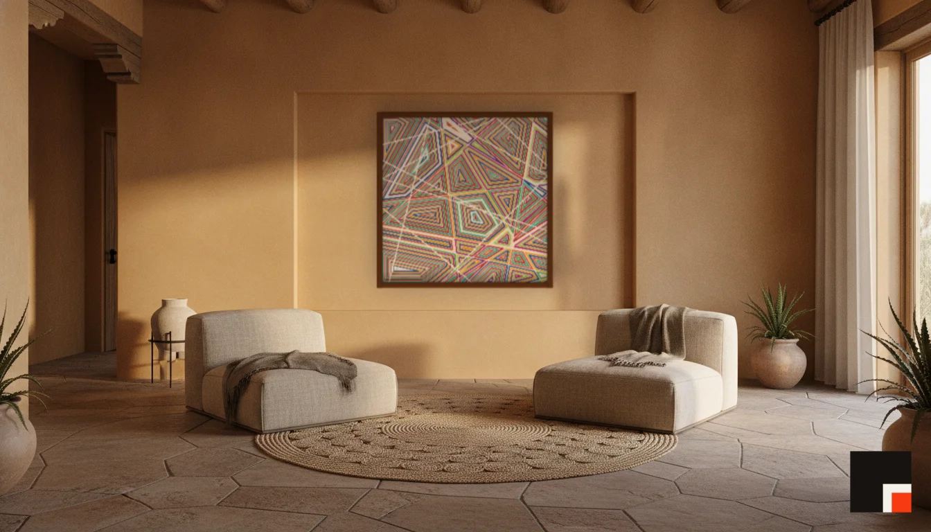 A Lumen & Logic artwork hanging in a Desert hotel interior — Desert retreat · Moab