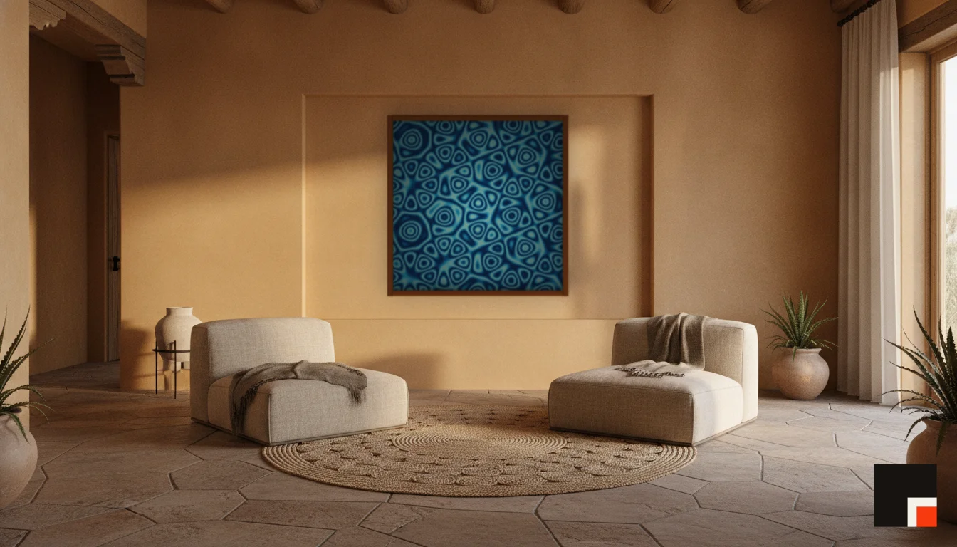 A Lumen & Logic artwork hanging in a Desert hotel interior — Desert retreat · Moab