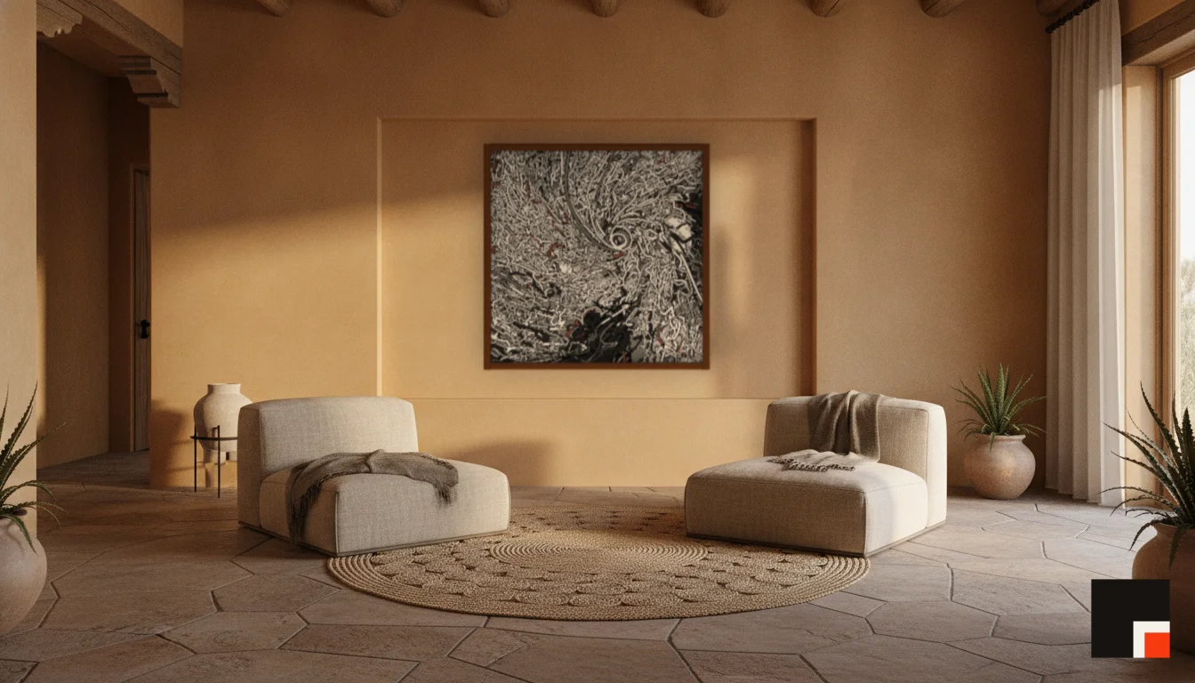 A Lumen & Logic artwork hanging in a Desert hotel interior — Desert retreat · Moab