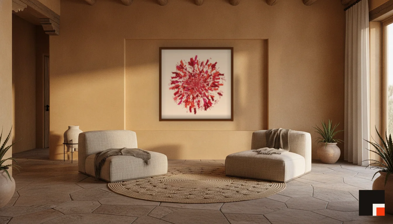 A Lumen & Logic artwork hanging in a Desert hotel interior — Desert retreat · Moab