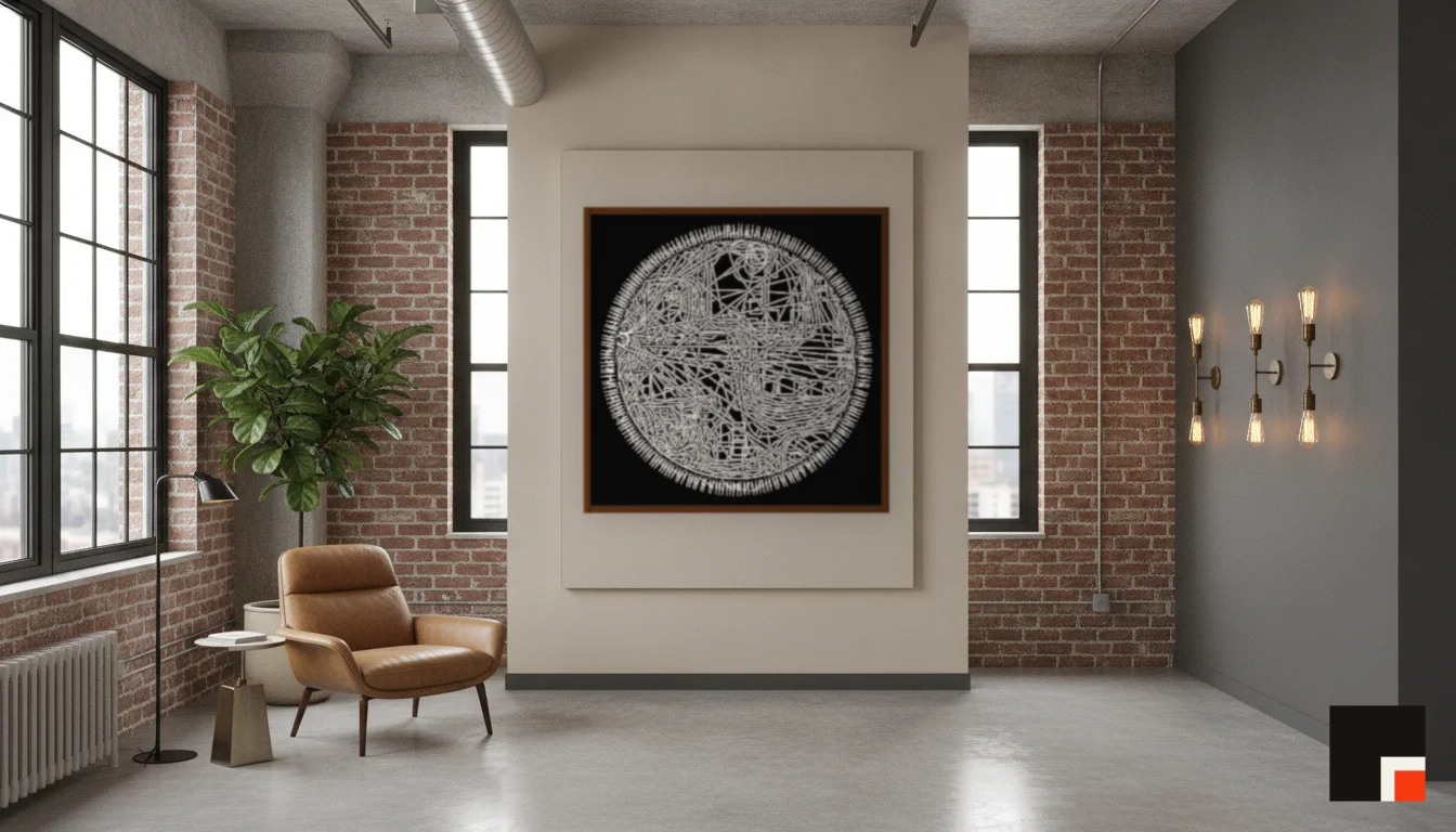A Lumen & Logic artwork hanging in a Industrial hotel interior — Warehouse loft · Brooklyn