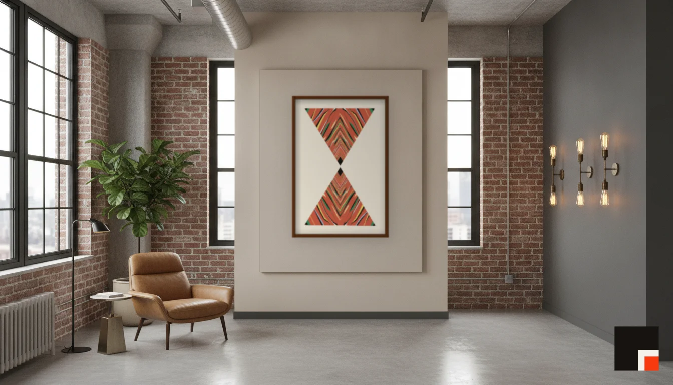 A Lumen & Logic artwork hanging in a Industrial hotel interior — Warehouse loft · Brooklyn