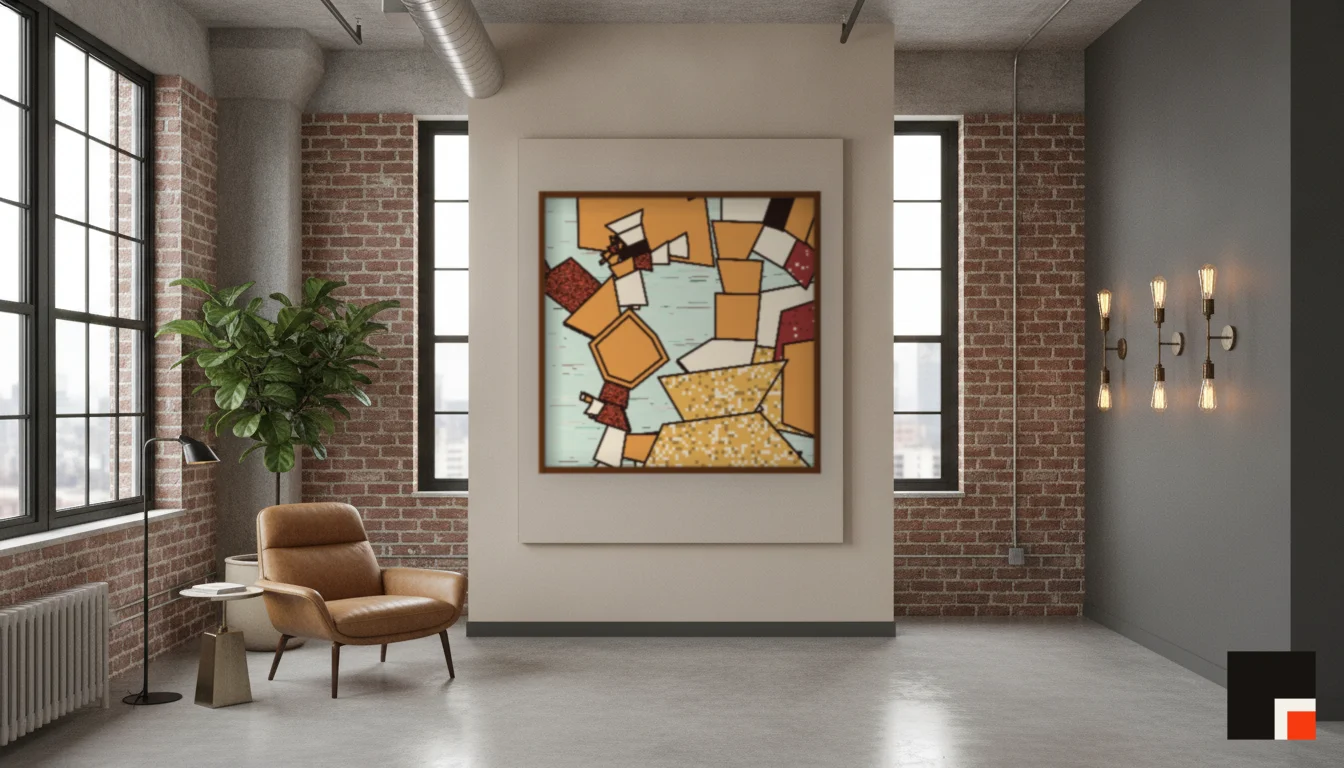 A Lumen & Logic artwork hanging in a Industrial hotel interior — Warehouse loft · Brooklyn