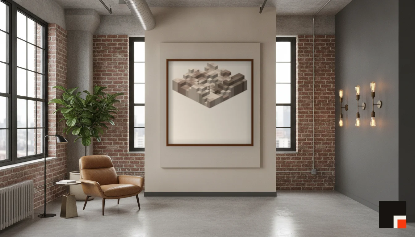 A Lumen & Logic artwork hanging in a Industrial hotel interior — Warehouse loft · Brooklyn