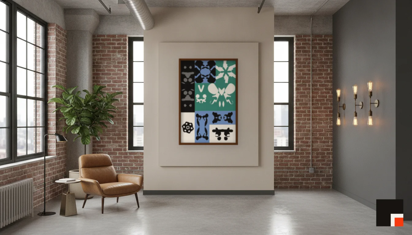 A Lumen & Logic artwork hanging in a Industrial hotel interior — Warehouse loft · Brooklyn