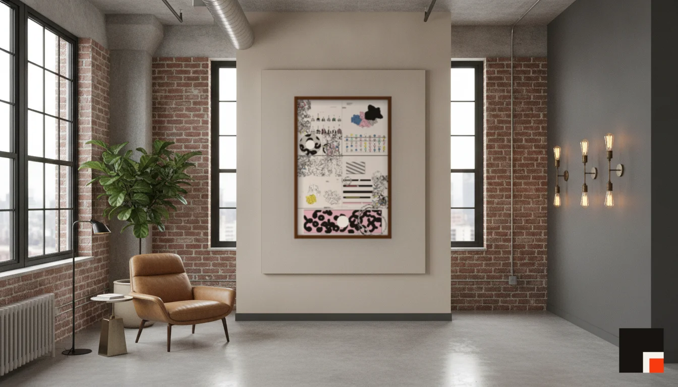 A Lumen & Logic artwork hanging in a Industrial hotel interior — Warehouse loft · Brooklyn