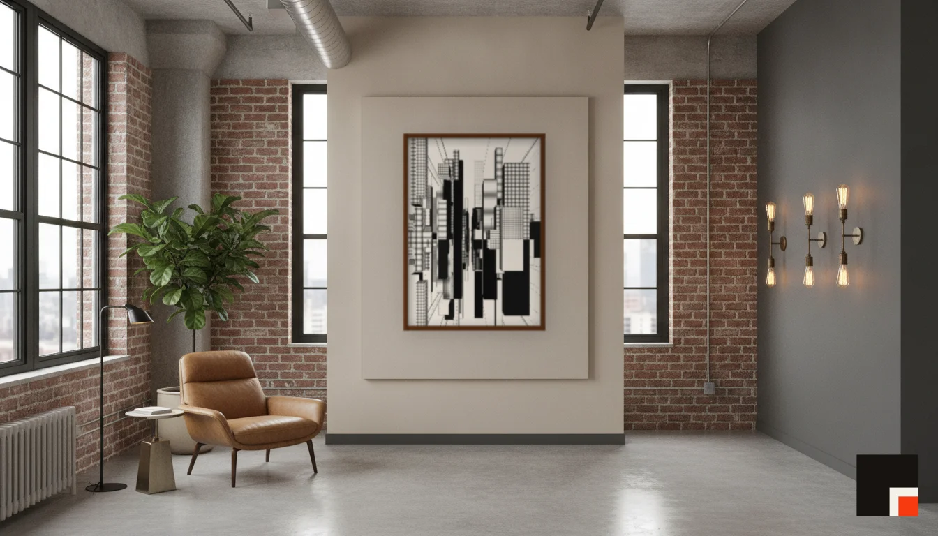 A Lumen & Logic artwork hanging in a Industrial hotel interior — Warehouse loft · Brooklyn
