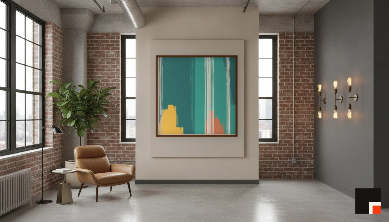 A Lumen & Logic artwork hanging in a Industrial hotel interior — Warehouse loft · Brooklyn