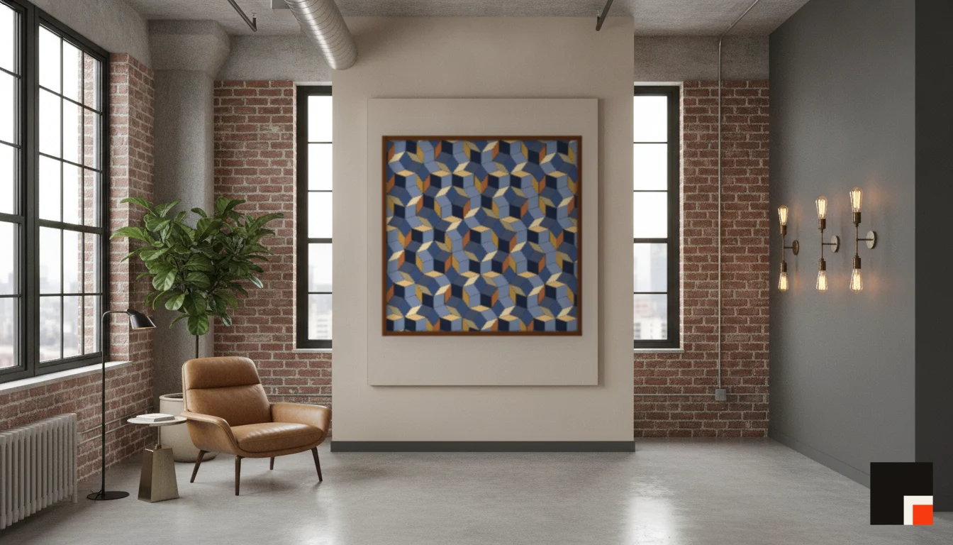 A Lumen & Logic artwork hanging in a Industrial hotel interior — Warehouse loft · Brooklyn