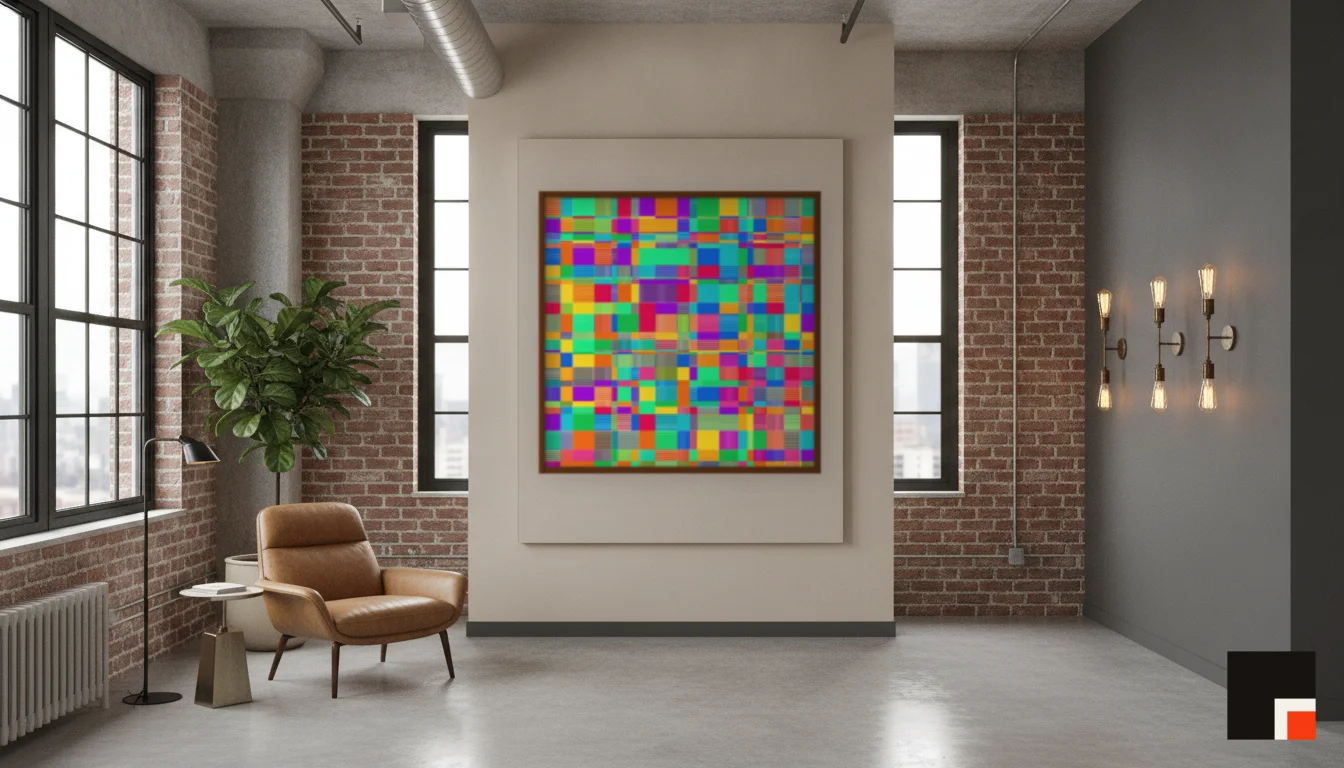A Lumen & Logic artwork hanging in a Industrial hotel interior — Warehouse loft · Brooklyn