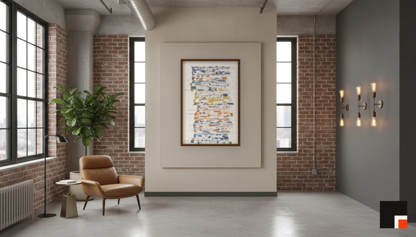 A Lumen & Logic artwork hanging in a Industrial hotel interior — Warehouse loft · Brooklyn
