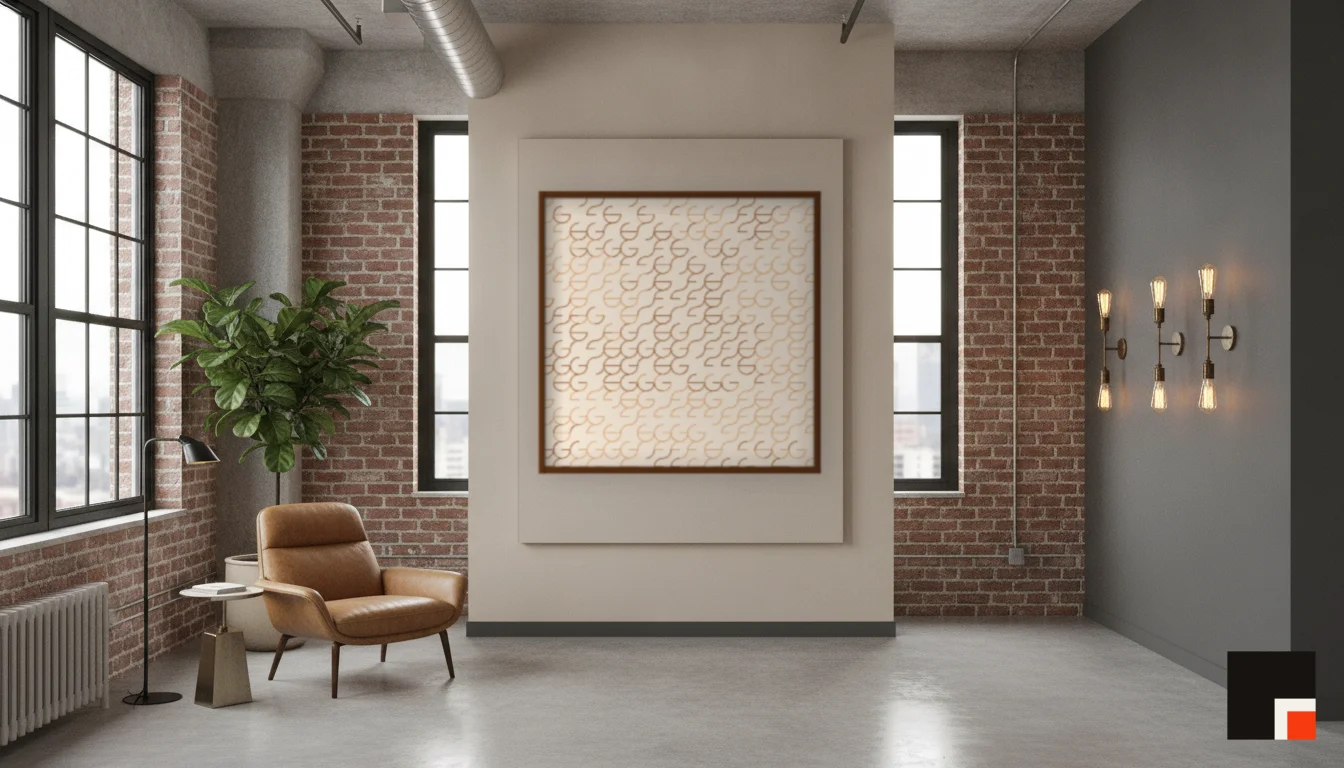 A Lumen & Logic artwork hanging in a Industrial hotel interior — Warehouse loft · Brooklyn