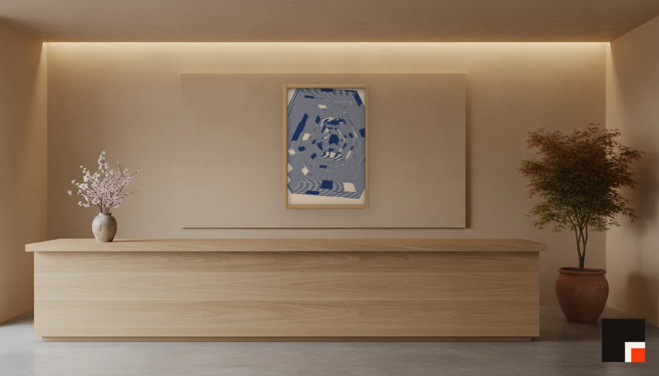 A Lumen & Logic artwork hanging in a Japandi hotel interior — Spa reception · Kyoto