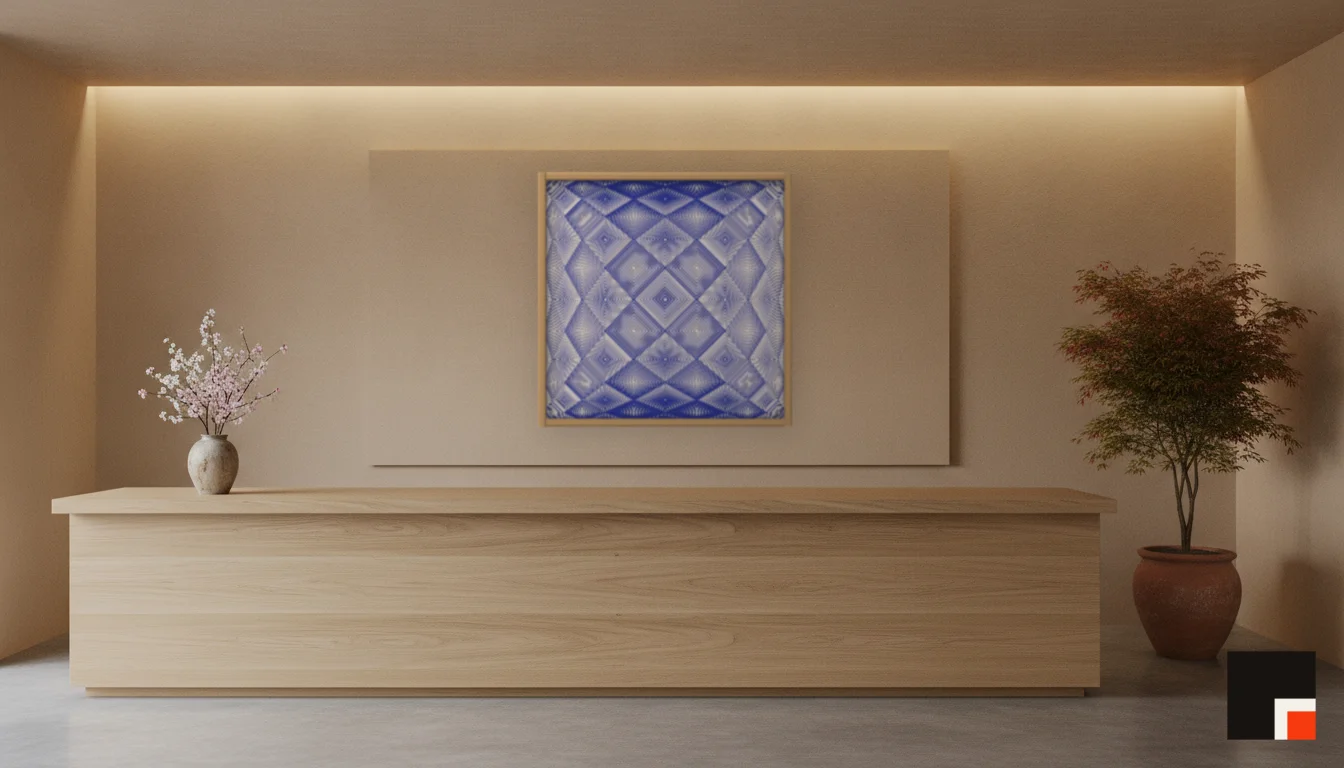 A Lumen & Logic artwork hanging in a Japandi hotel interior — Spa reception · Kyoto