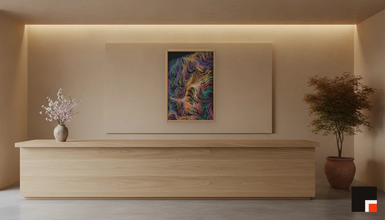A Lumen & Logic artwork hanging in a Japandi hotel interior — Spa reception · Kyoto